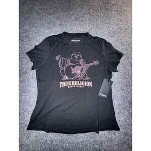 True Religion Womens Pink Rhinestone Buddha Logo T-Shirt Black Large 600372